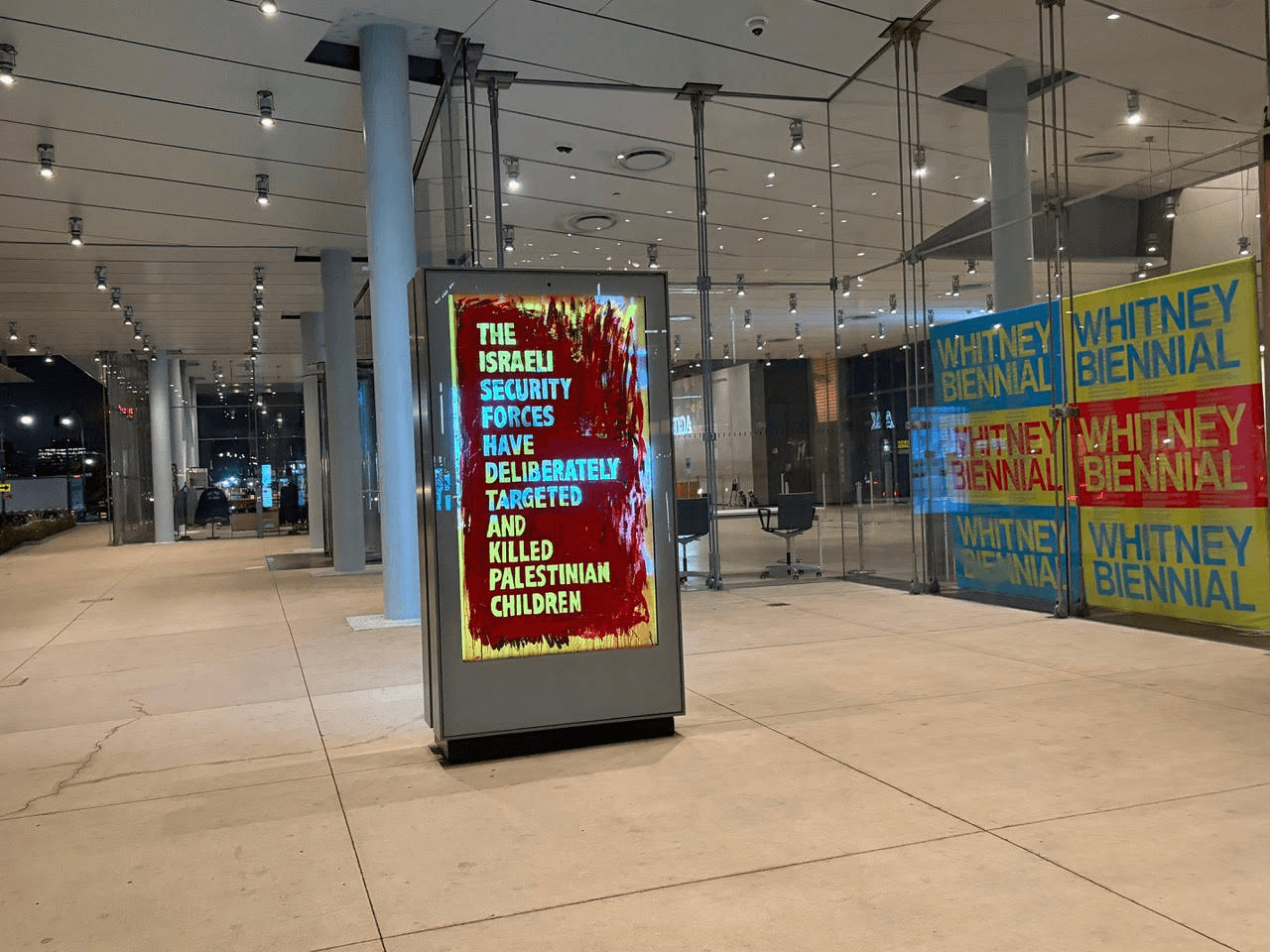 Artist alters Whitney Museum display screens to protest Israel’s conduct in Gaza