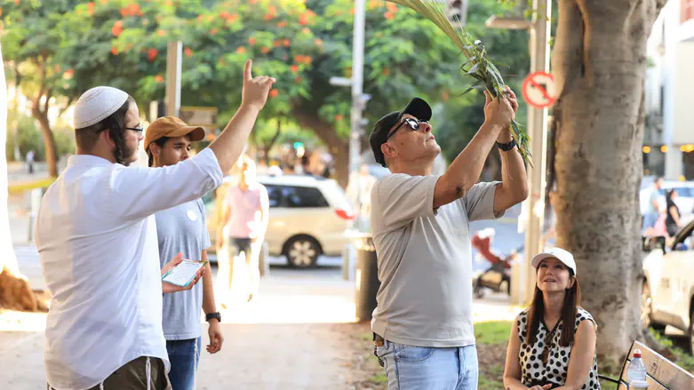 Nahalaat Israel Yeshiva hands out Four Species in Tel Aviv