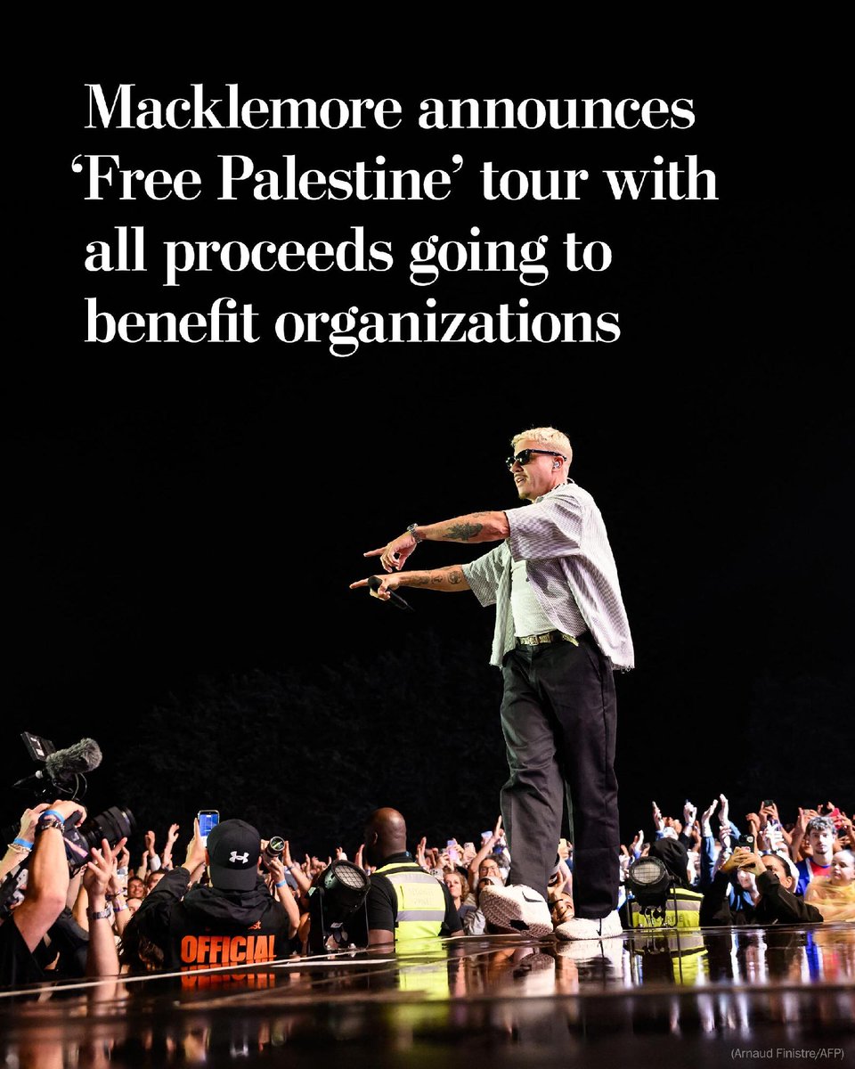 Macklemore announced a “Free Palestine” tour with all proceeds going to benefit organizations supporting the Palestinian people and movement. More artist announcements, as well as U.S. dates, will be coming soon, he said.